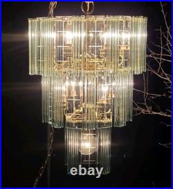 Vintage Brass Chandelier w Glass Rod Accents Multi Tier 1970s Lighting