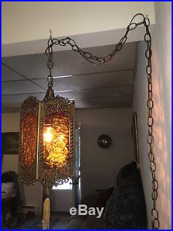 Vintage Brass Gothic 5 Sided Hanging Swag Lamp With Textured Amber Glass Panels