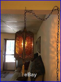 Vintage Brass Gothic 5 Sided Hanging Swag Lamp With Textured Amber Glass Panels