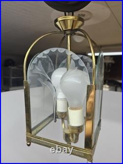 Vintage Brass Hall Lantern Etched Glass Hanging Lamp Pendant Floral Motif