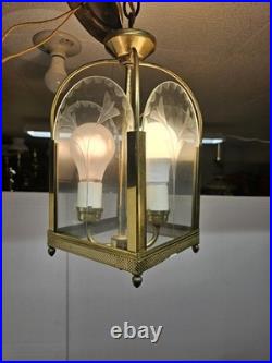 Vintage Brass Hall Lantern Etched Glass Hanging Lamp Pendant Floral Motif