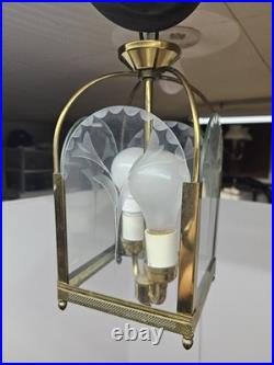 Vintage Brass Hall Lantern Etched Glass Hanging Lamp Pendant Floral Motif