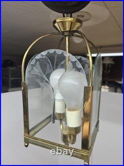 Vintage Brass Hall Lantern Etched Glass Hanging Lamp Pendant Floral Motif
