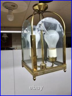 Vintage Brass Hall Lantern Etched Glass Hanging Lamp Pendant Floral Motif