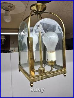 Vintage Brass Hall Lantern Etched Glass Hanging Lamp Pendant Floral Motif
