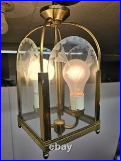 Vintage Brass Hall Lantern Etched Glass Hanging Lamp Pendant Floral Motif