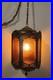 Vintage Brass Hanging Light Fixture Chandelier 6 Amber Textured Glass Panels