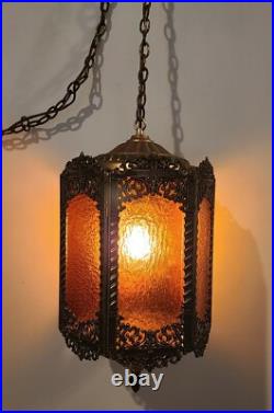 Vintage Brass Hanging Light Fixture Chandelier 6 Amber Textured Glass Panels