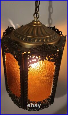 Vintage Brass Hanging Light Fixture Chandelier 6 Amber Textured Glass Panels