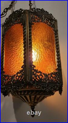 Vintage Brass Hanging Light Fixture Chandelier 6 Amber Textured Glass Panels