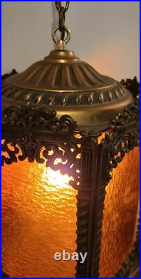 Vintage Brass Hanging Light Fixture Chandelier 6 Amber Textured Glass Panels
