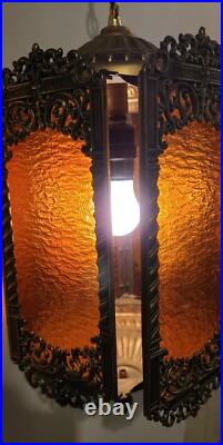 Vintage Brass Hanging Light Fixture Chandelier 6 Amber Textured Glass Panels