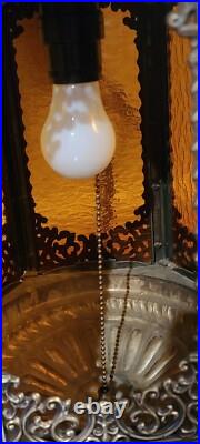 Vintage Brass Hanging Light Fixture Chandelier 6 Amber Textured Glass Panels