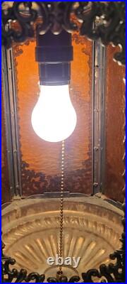 Vintage Brass Hanging Light Fixture Chandelier 6 Amber Textured Glass Panels