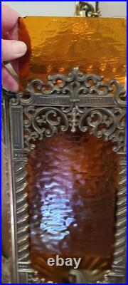 Vintage Brass Hanging Light Fixture Chandelier 6 Amber Textured Glass Panels