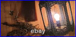 Vintage Brass Hanging Light Fixture Chandelier 6 Amber Textured Glass Panels