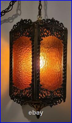 Vintage Brass Hanging Light Fixture Chandelier 6 Amber Textured Glass Panels