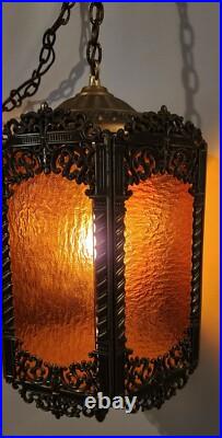 Vintage Brass Hanging Light Fixture Chandelier 6 Amber Textured Glass Panels