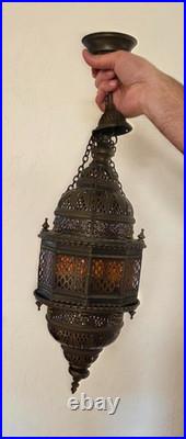 Vintage Brass Hanging Light Fixture Chandelier Amber Textured Glass Panels