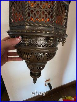 Vintage Brass Hanging Light Fixture Chandelier Amber Textured Glass Panels