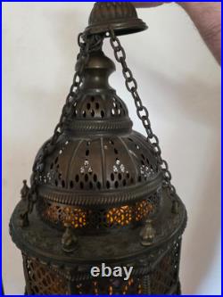 Vintage Brass Hanging Light Fixture Chandelier Amber Textured Glass Panels