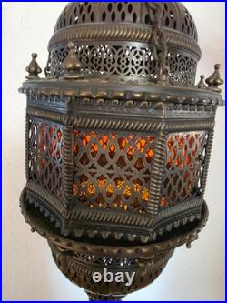 Vintage Brass Hanging Light Fixture Chandelier Amber Textured Glass Panels