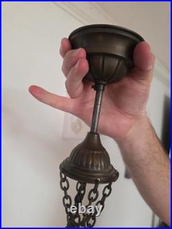 Vintage Brass Hanging Light Fixture Chandelier Amber Textured Glass Panels