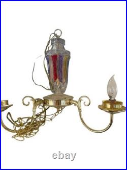 Vintage Brass Hanging Swag Lamp Rainbow Colored Glass Chandelier Works
