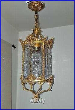 Vintage Brass Lantern Light hanging Lamp Architectural Fixture Porch round glass