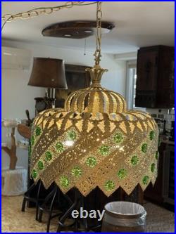 Vintage Brass Light Hanging LampCrystals Hollywood Regency