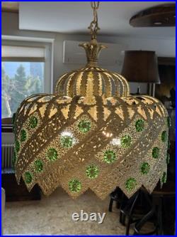 Vintage Brass Light Hanging LampCrystals Hollywood Regency