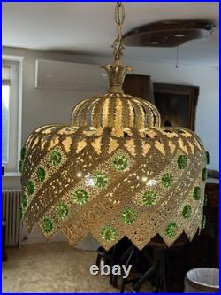 Vintage Brass Light Hanging LampCrystals Hollywood Regency
