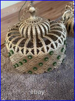 Vintage Brass Light Hanging LampCrystals Hollywood Regency