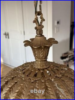 Vintage Brass Light Hanging LampCrystals Hollywood Regency