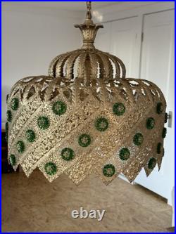 Vintage Brass Light Hanging LampCrystals Hollywood Regency