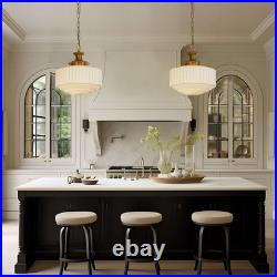Vintage Brass Milk Glass Pendant Light Fixture, 13.8 White Pleated Glass Chande