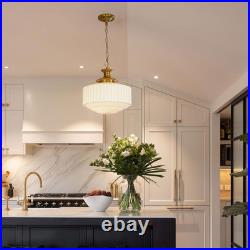 Vintage Brass Milk Glass Pendant Light Fixture, 13.8 White Pleated Glass Chande Vintage Brass Milk Glass Pendant Light Fixture, 13.8 White Pleated Glass Chande
