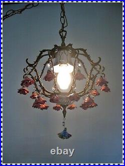 Vintage Brass Porcelain Pink Roses Birdcage Chandelier Hanging Swag Lamp Light