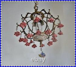 Vintage Brass Porcelain Pink Roses Birdcage Chandelier Hanging Swag Lamp Light