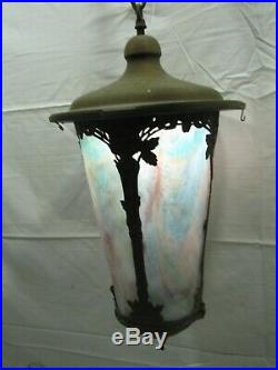 Vintage Brass Slag Rainbow Glass Chandelier Porch Lamp Light Hanging Ornate