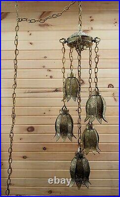 Vintage Brass Tulip Swag Light 5 Tier Hanging Lamp