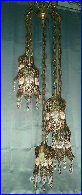 Vintage Brass Tulip Swag Light 5 Tier Hanging Lamp AB Crystals Hollywood Regency