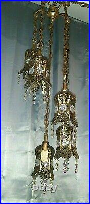 Vintage Brass Tulip Swag Light 5 Tier Hanging Lamp AB Crystals Hollywood Regency