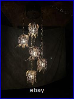 Vintage Brass Tulip Swag Light 5 Tier Hanging Lamp Hollywood Regency Very Good