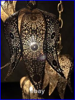 Vintage Brass Tulip Swag Light 5 Tier Hanging Lamp Hollywood Regency Very Good