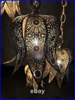 Vintage Brass Tulip Swag Light 5 Tier Hanging Lamp Hollywood Regency Very Good