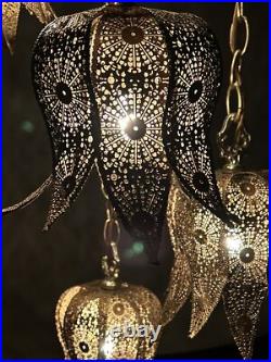 Vintage Brass Tulip Swag Light 5 Tier Hanging Lamp Hollywood Regency Very Good