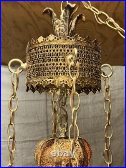 Vintage Brass Tulip Swag Light 5 Tier Hanging Lamp Hollywood Regency Very Good