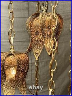 Vintage Brass Tulip Swag Light 5 Tier Hanging Lamp Hollywood Regency Very Good