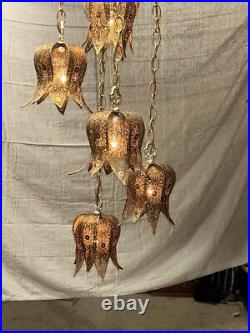 Vintage Brass Tulip Swag Light 5 Tier Hanging Lamp Hollywood Regency Very Good